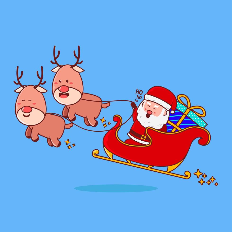 lindo santa claus montando trineo con dibujos animados de gran regalo vector