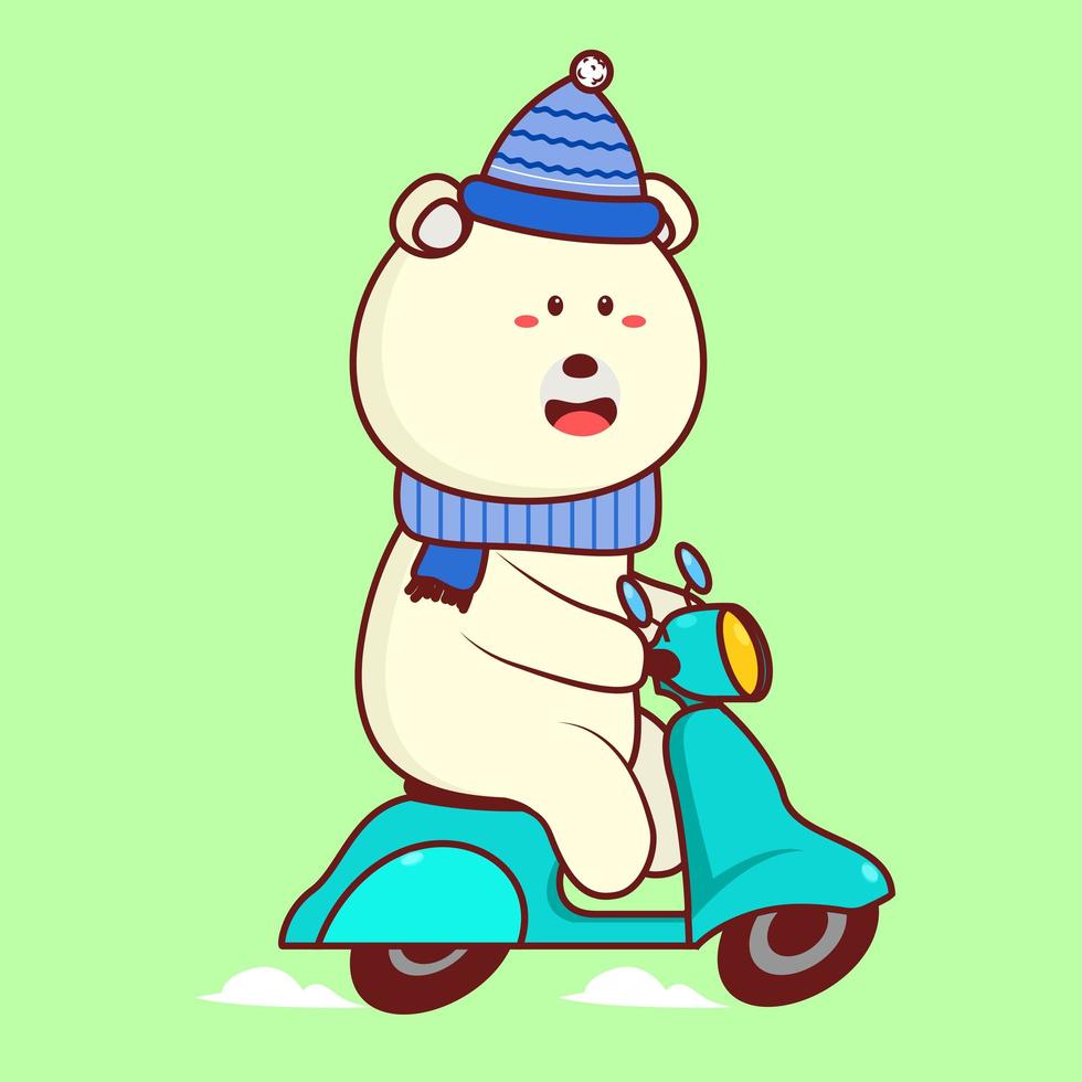 Cartoon cute polar bear rides scooter cartoon vector