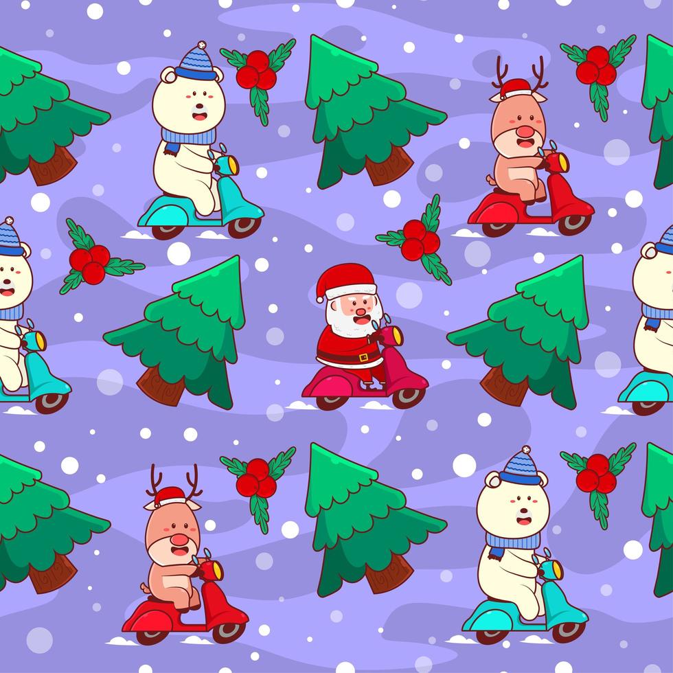 Seamless pattern with cute Santa and friends riding scooter vector