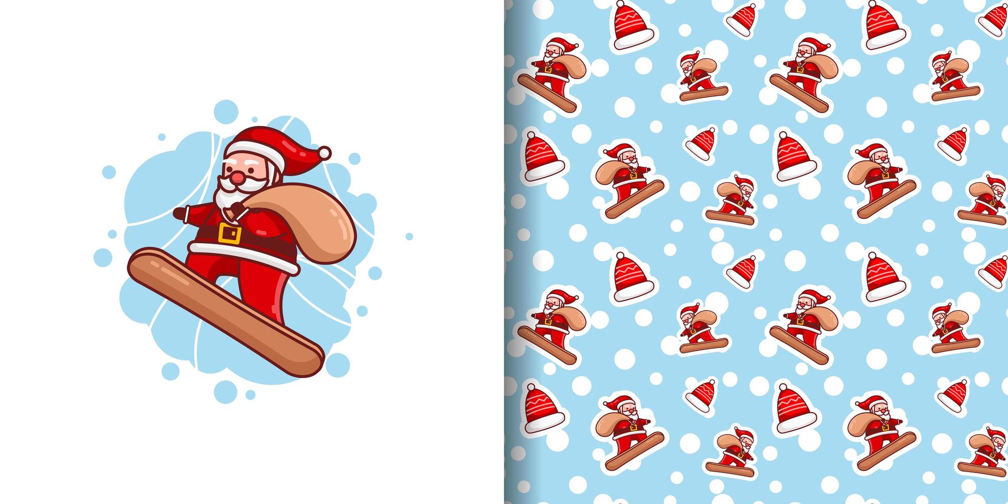 Christmas Cute Santa Delivering Gifts on Snowboard Cartoon Pattern vector