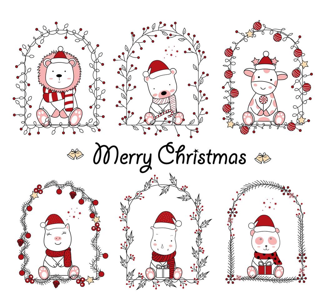 Christmas design with cute animals in floral frames vector