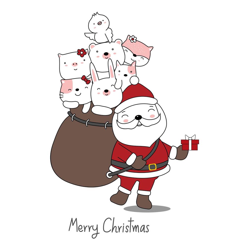 Christmas greeting with Santa and sack of cute animals vector