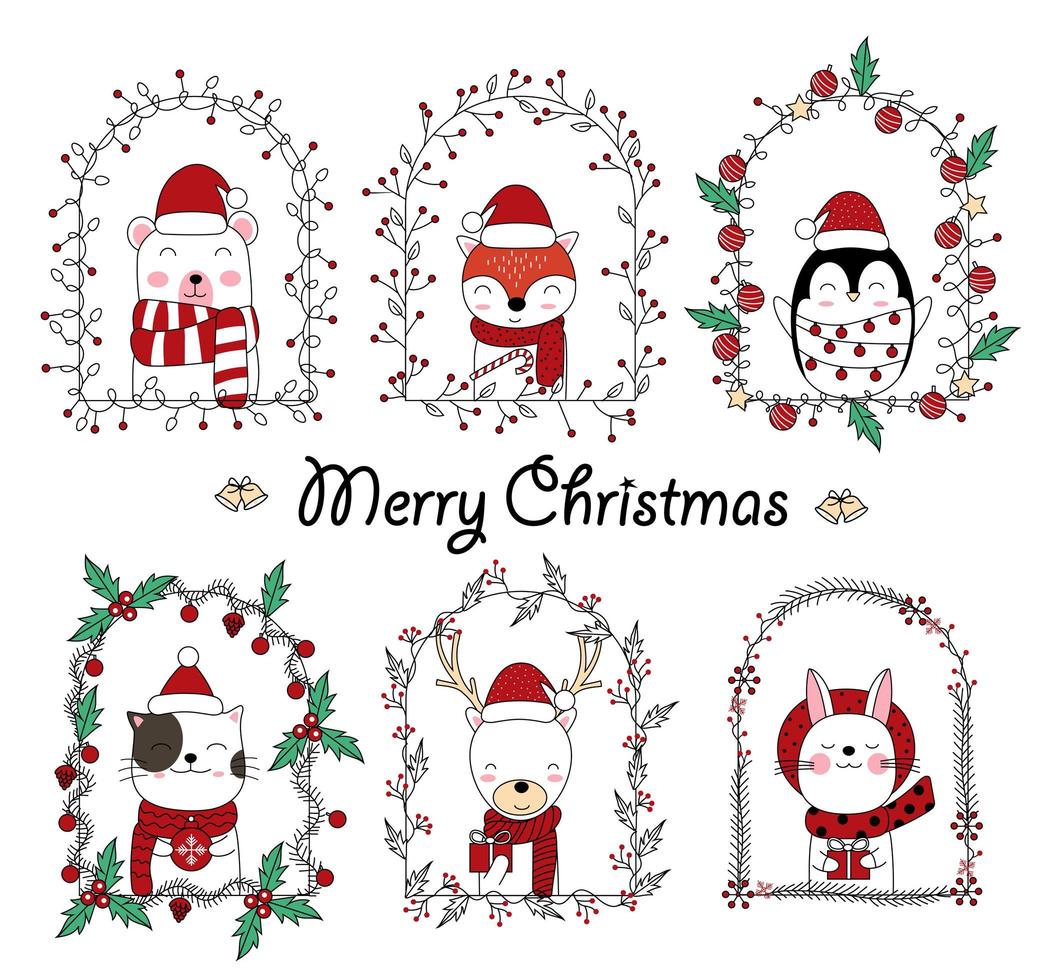 Christmas design with cute animals in floral frames vector