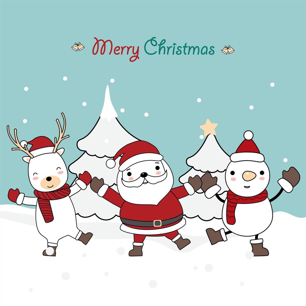 Christmas greeting with cute characters in winter scene vector