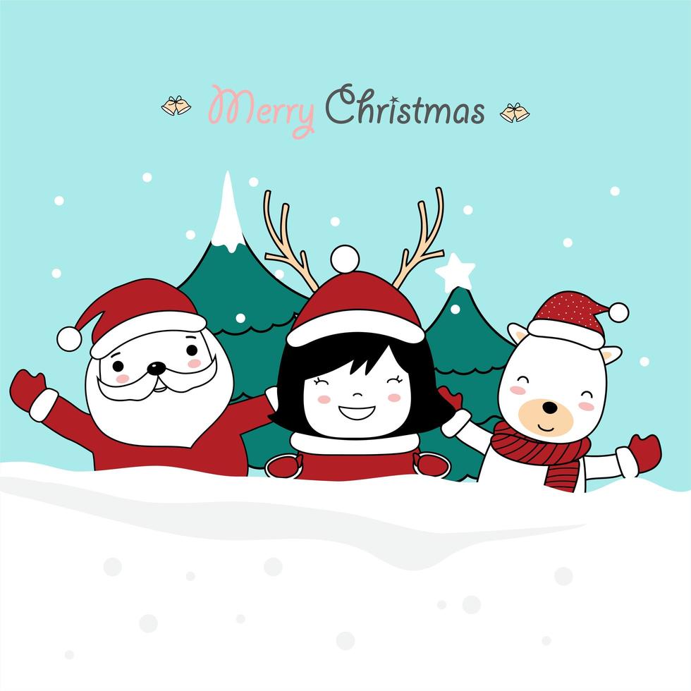 Christmas greeting card design with cute characters vector