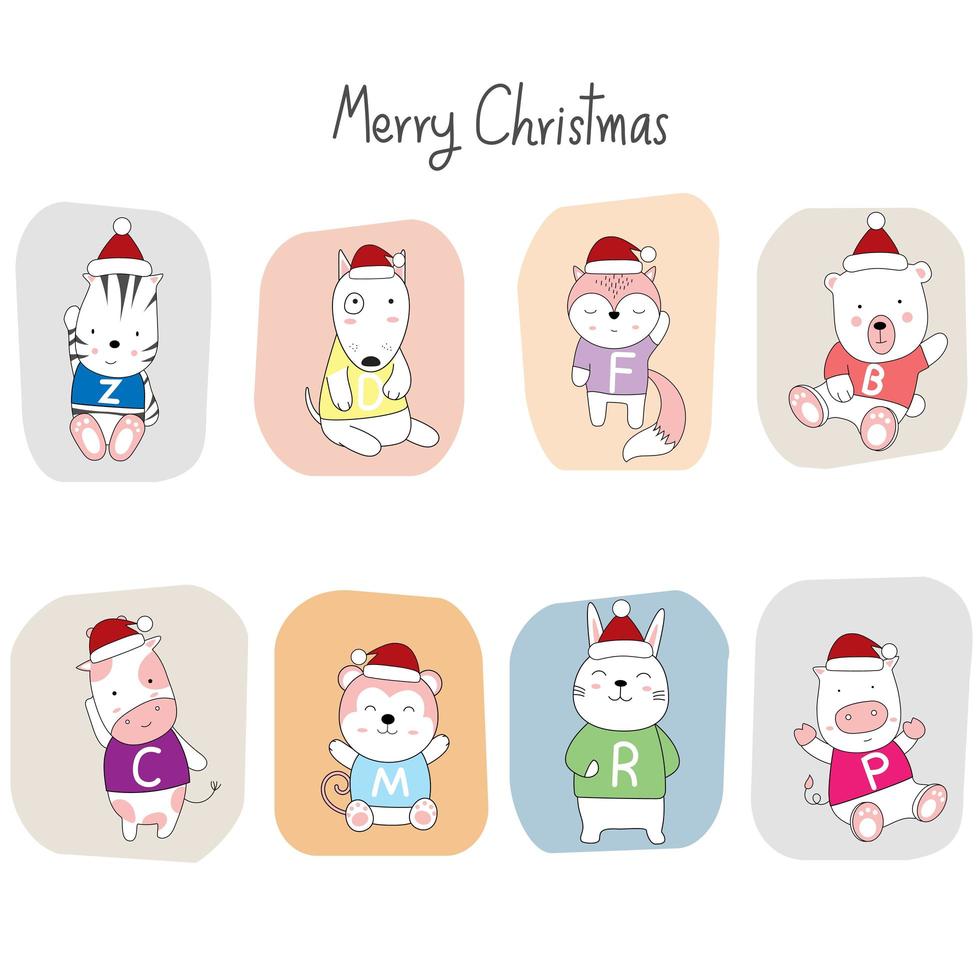 saludo navideño con lindos animales bebé en gorros de santa vector