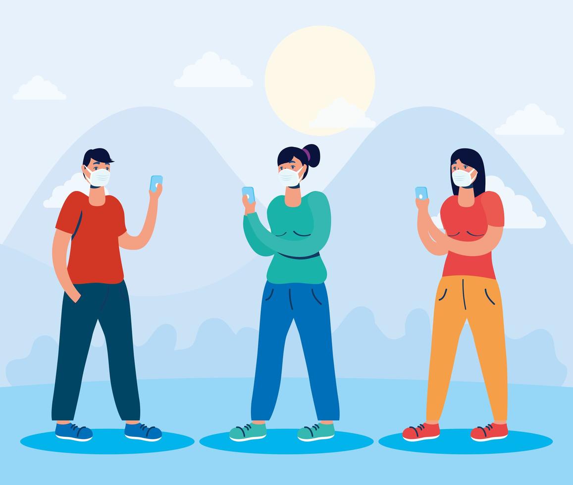 People with face masks on the phone outdoors vector