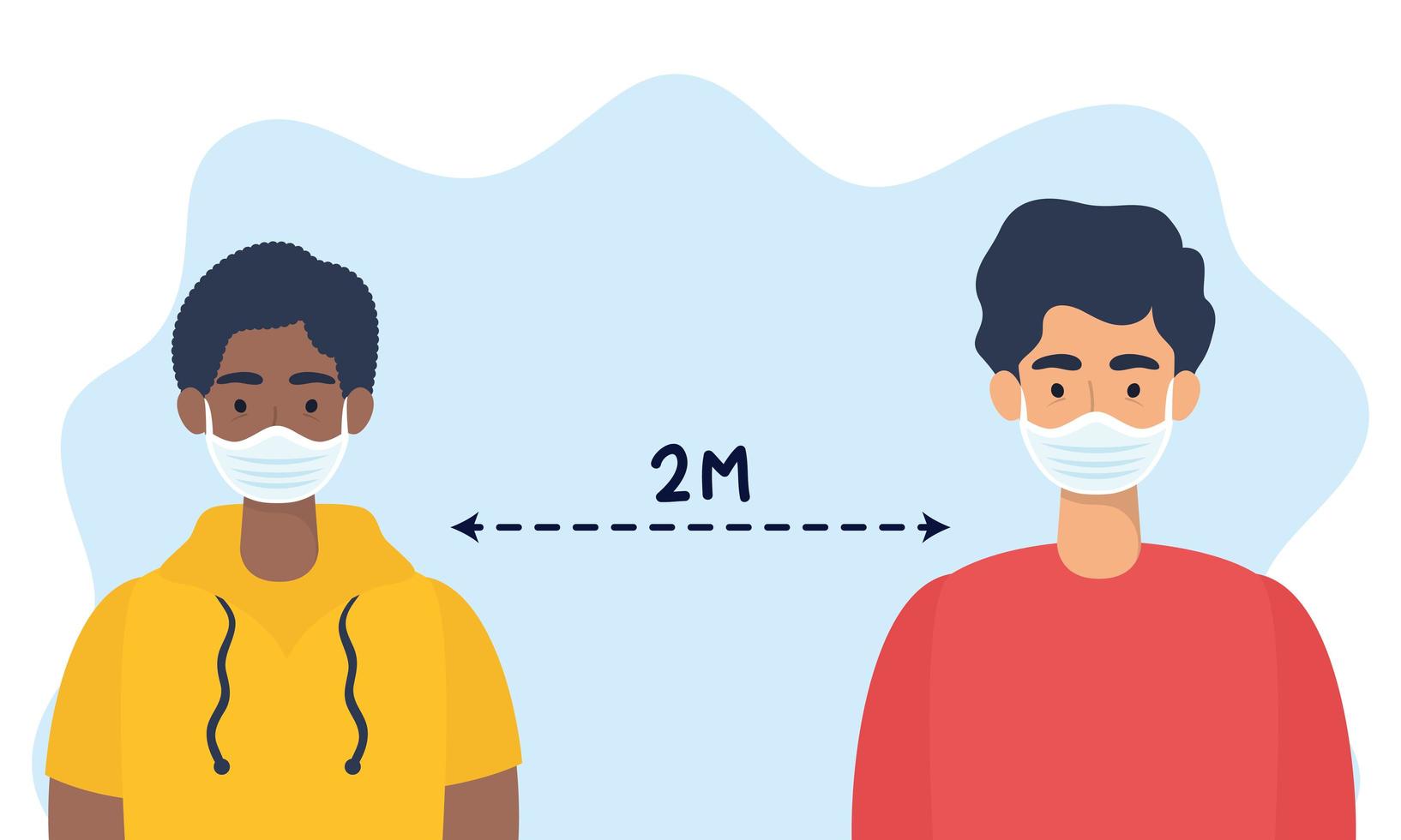 Men with face masks practicing social distancing vector