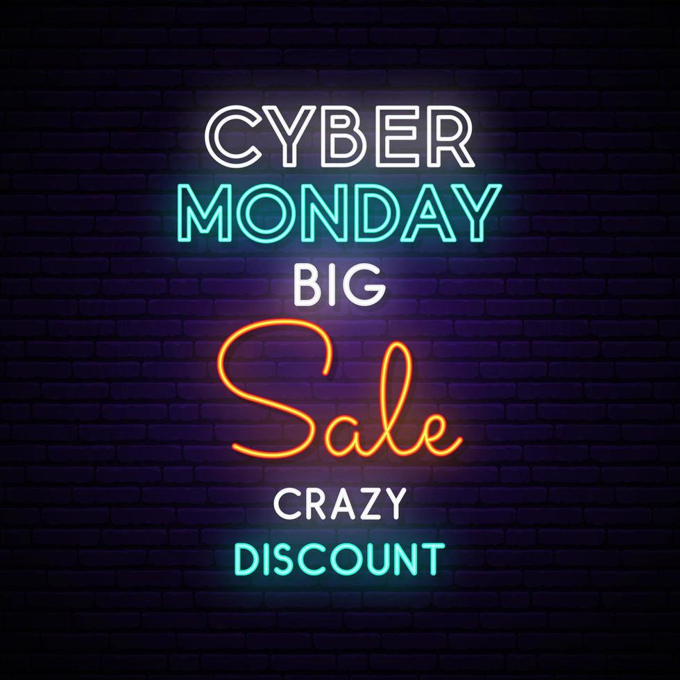 Cyber Monday neon sign board on brick wall. vector