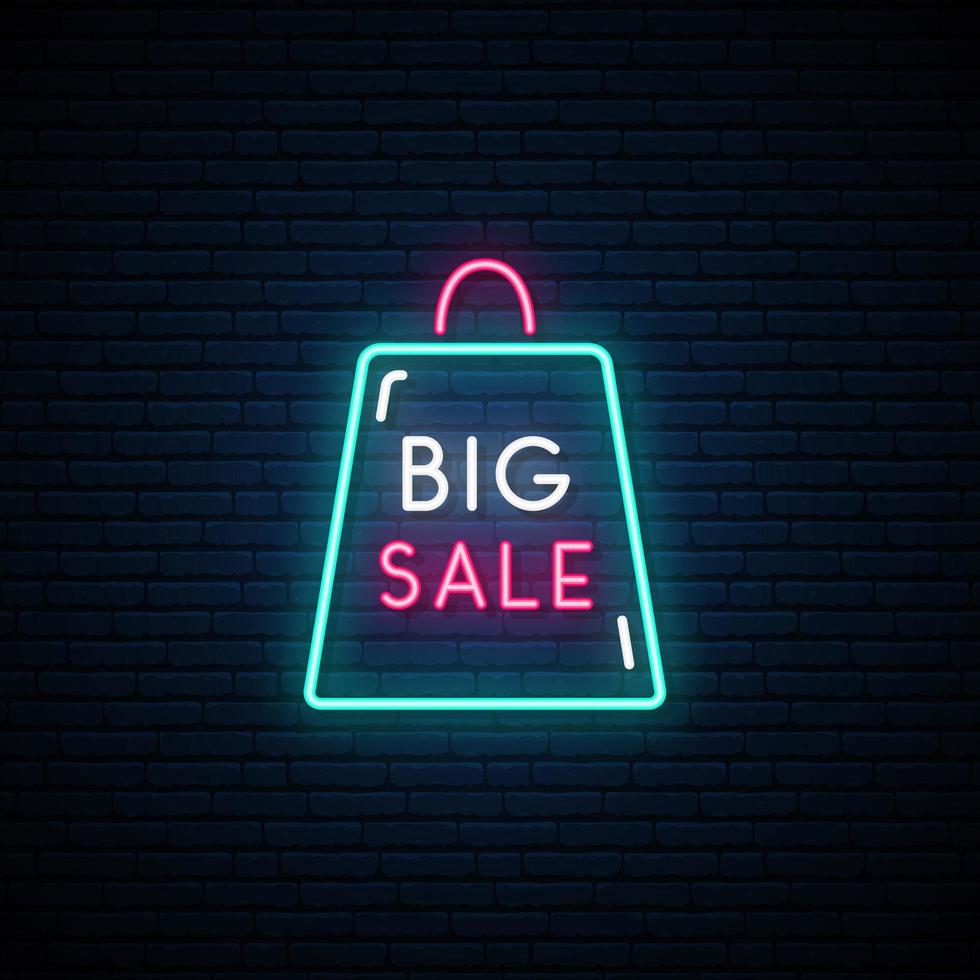 Big sale shopping bag neon signboard vector