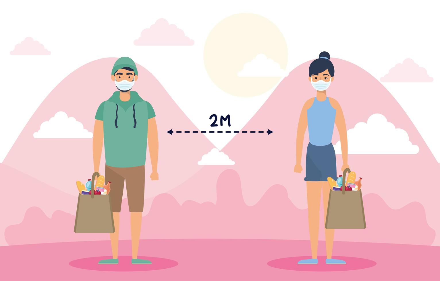 People with face masks practicing social distancing outdoors vector