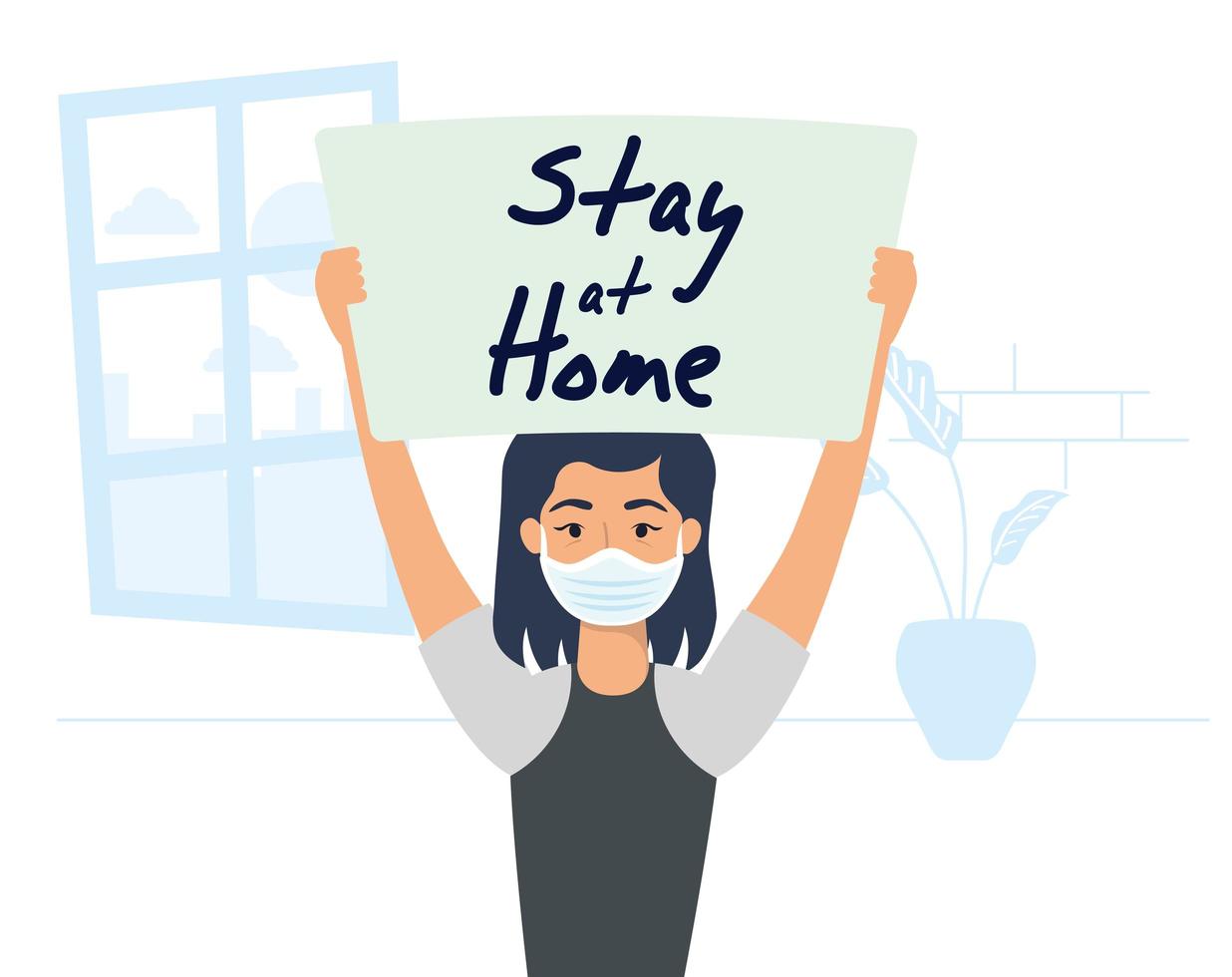 Woman holding a stay home sign vector