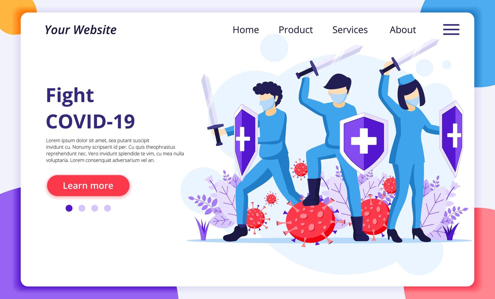 Fight the Virus Concept, Doctor and nurses use sword and shield to fighting Covid-19 coronavirus. Modern flat web landing page design template. Vector illustration