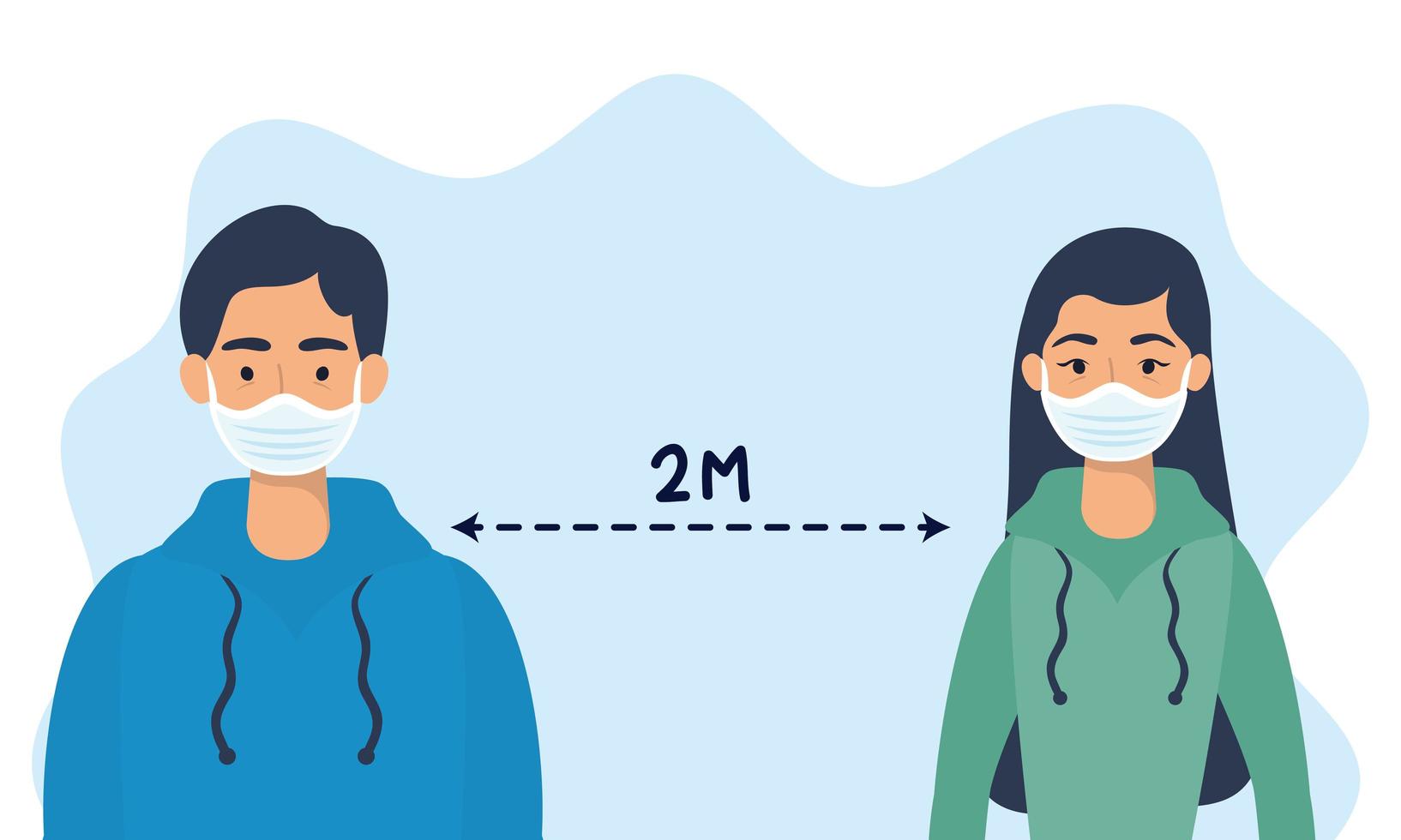 People with face masks practicing social distancing vector