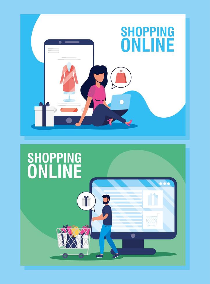 conjunto de banners de compras en línea y comercio electrónico. vector