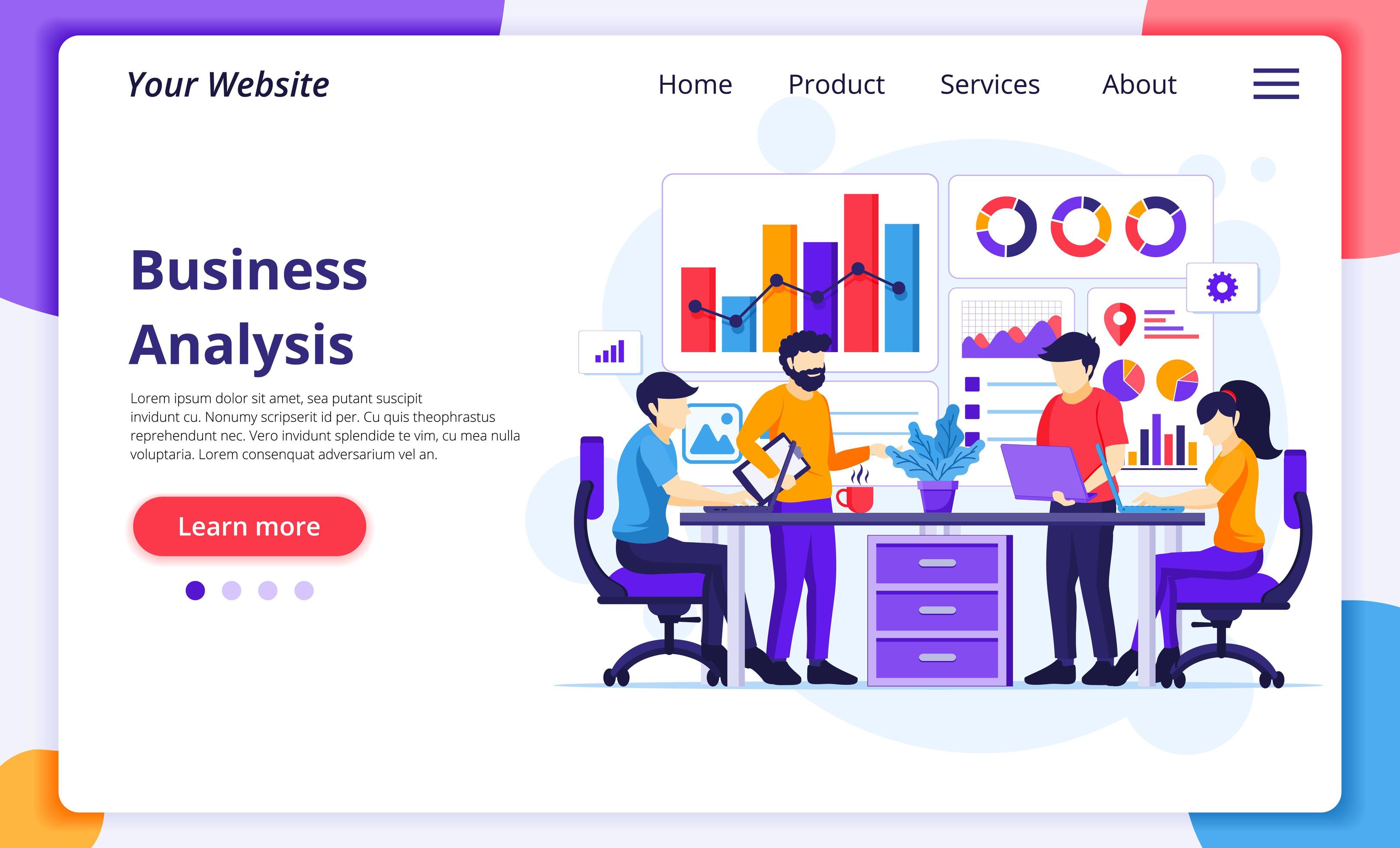 Business Analysis concept, People sitting on desk work with charts and graphic data visualization. Modern flat web page design for website and mobile development. Vector illustration