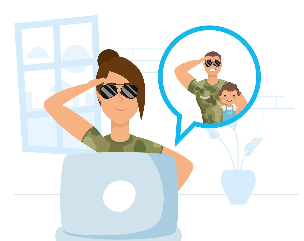 Military woman in a video call with her family vector