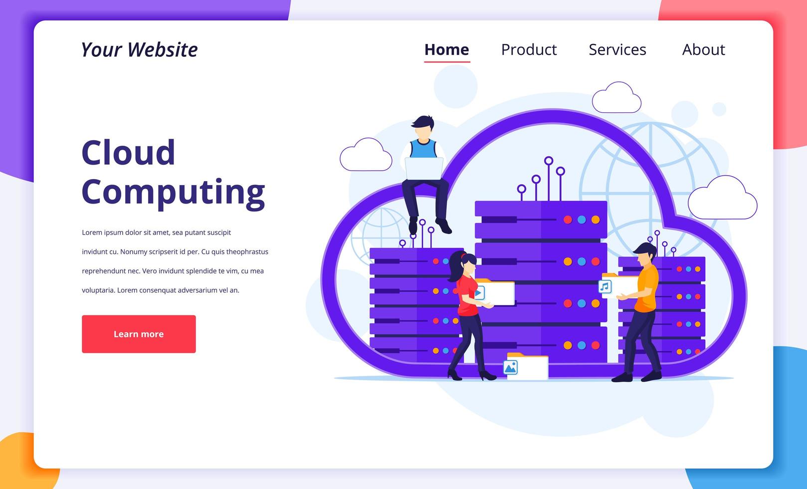 Cloud computing concept, people working on laptop and server vector