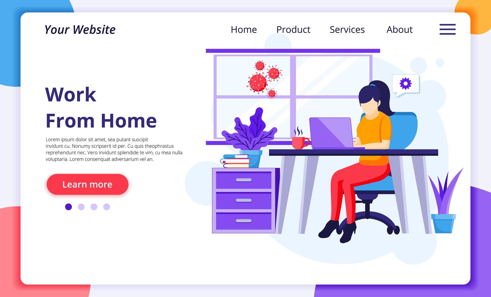 Working from home concept, A Woman work on laptop and sitting on a desk, Stay at home, Quarantine during the Coronavirus Epidemic. Modern flat web landing page design template. Vector illustration