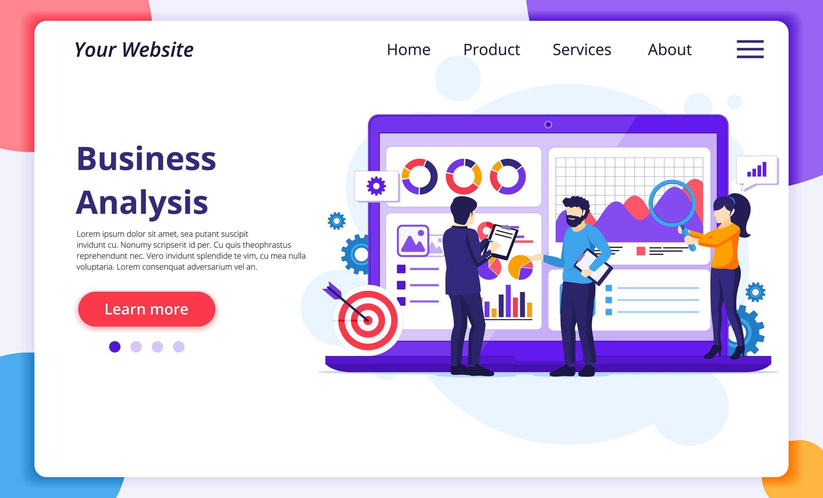 Business Analysis concept, People work in front of a big laptop. Auditing, Financial consulting. Modern flat web page design for website and mobile development. Vector illustration