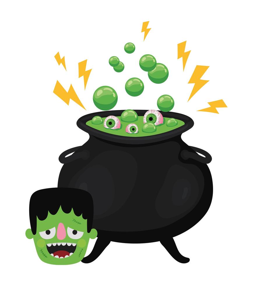 Halloween frankenstein cartoon with witch bowl design vector