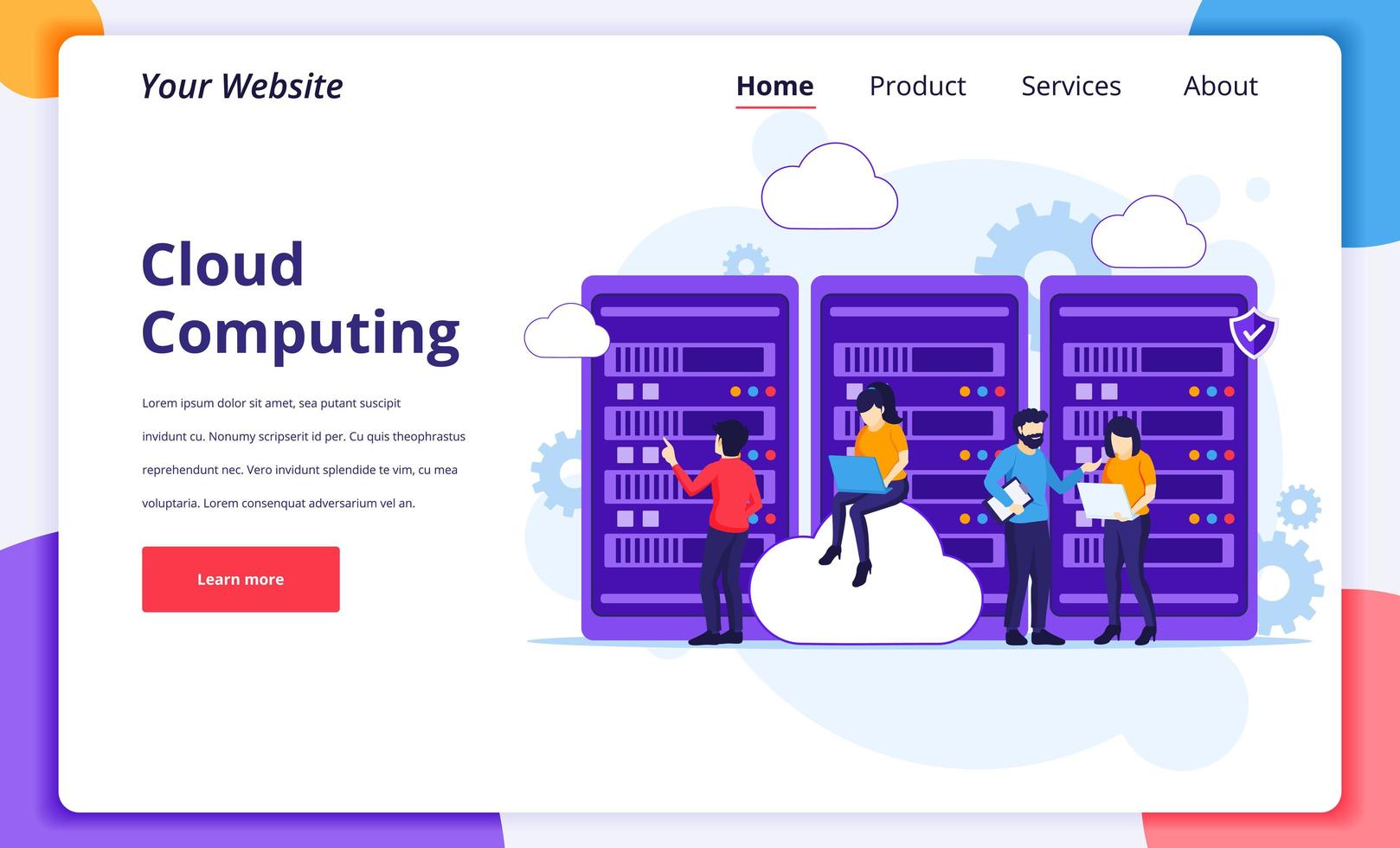 Cloud Computing concept, People working on laptop and server, Digital storage, data center. Modern flat landing page design for website and mobile website. Vector illustration