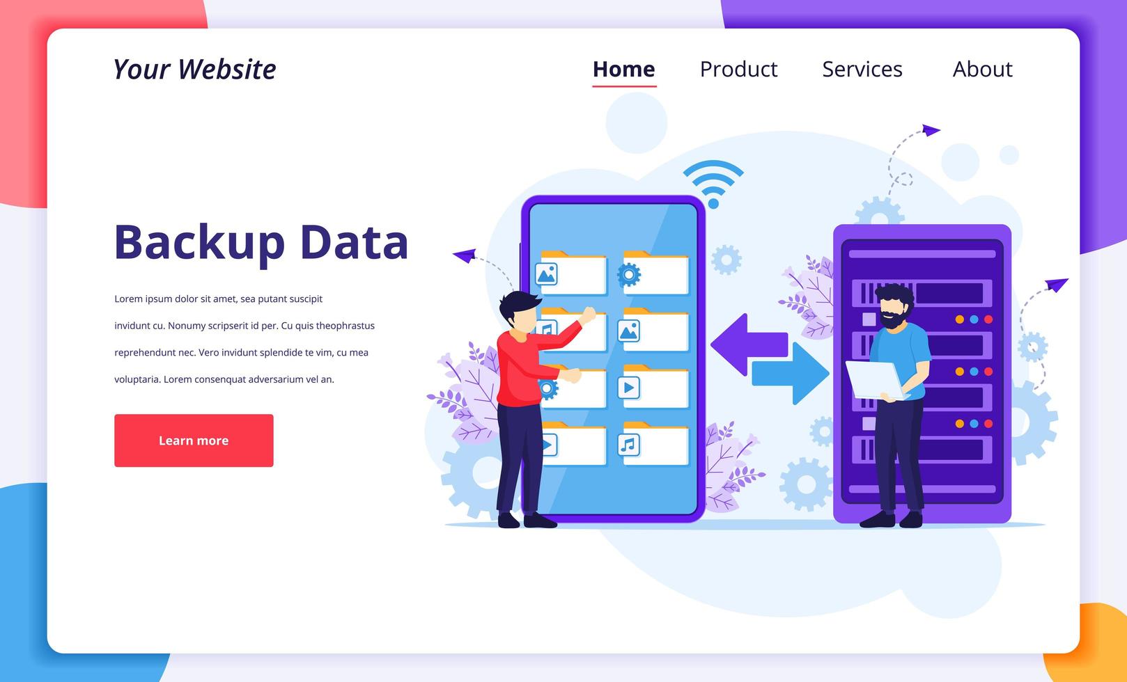 concepto de copia de seguridad de datos, personas que copian archivos en un teléfono inteligente vector