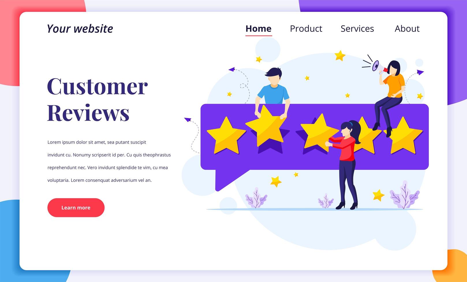 Landing page of customer reviews with gold stars vector