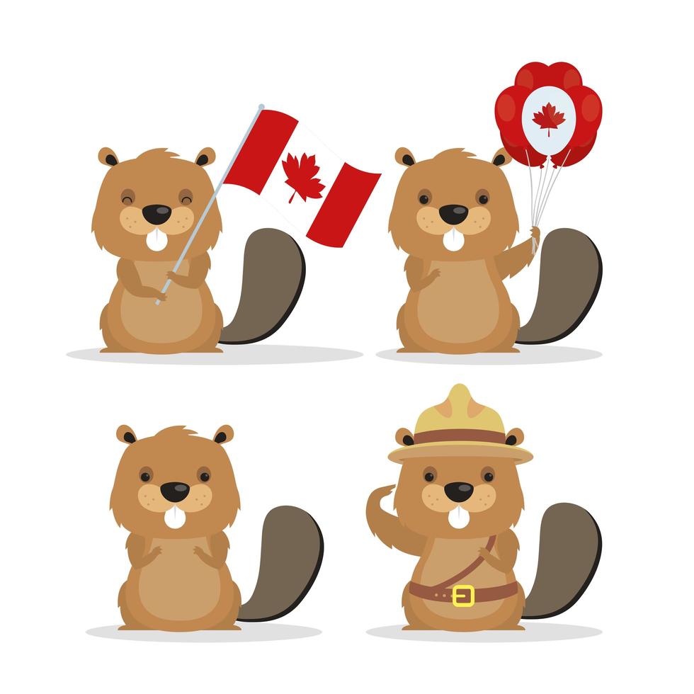 feliz celebración del día de canadá con lindos iconos de castor vector