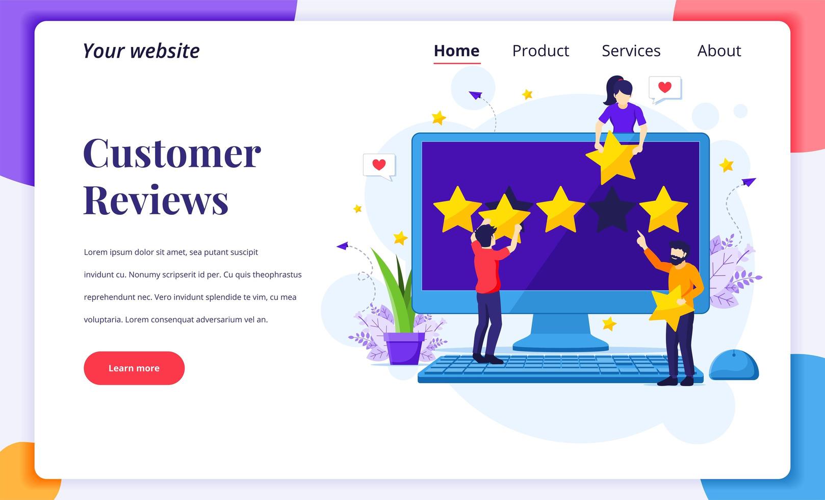 Landing page design concept of Customer reviews concept, People giving five stars rating and review, positive feedback. Customer Service and User Experience. Flat vector illustration