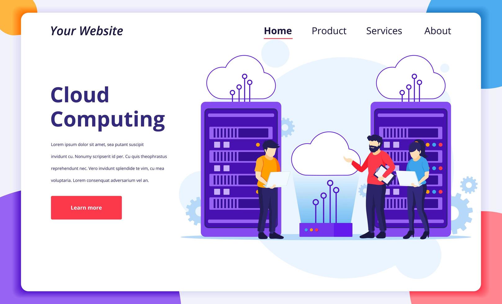 Cloud Computing concept, People working on laptop and server, Digital storage, data center. Modern flat landing page design for website and mobile website. Vector illustration