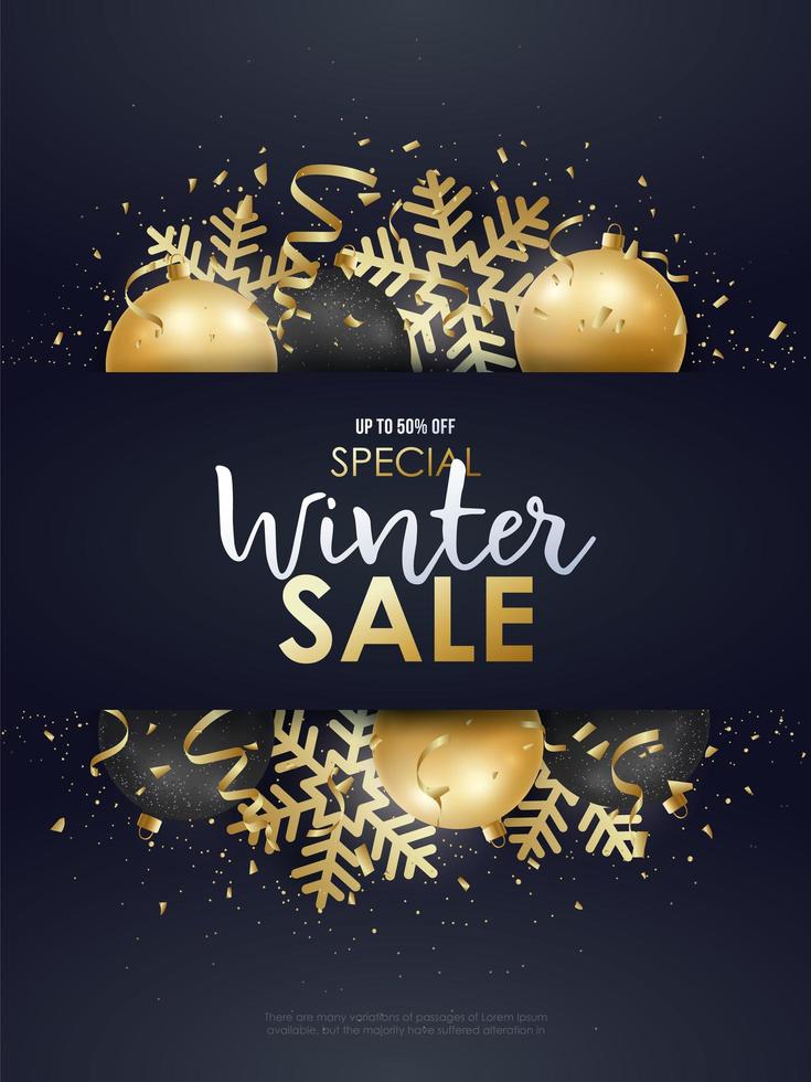 Winter Sale design with gold and black Christmas decorations. vector