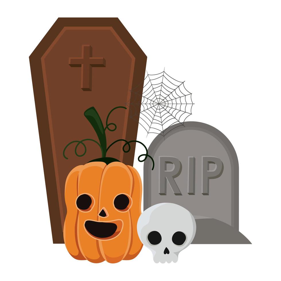 Halloween pumpkin and skull in front of grave vector