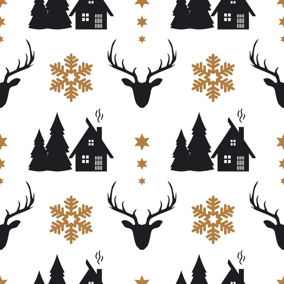 Christmas seamless pattern with deers, snowflakes and trees vector