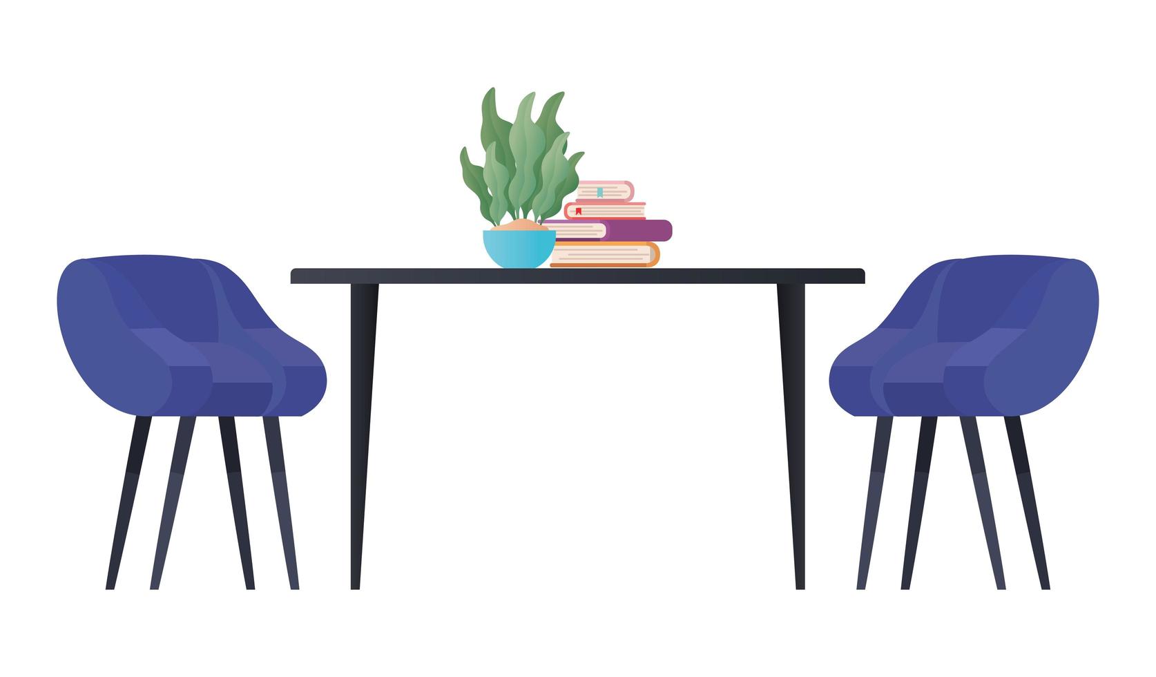 mesa con sillas planta y diseño de libros vector