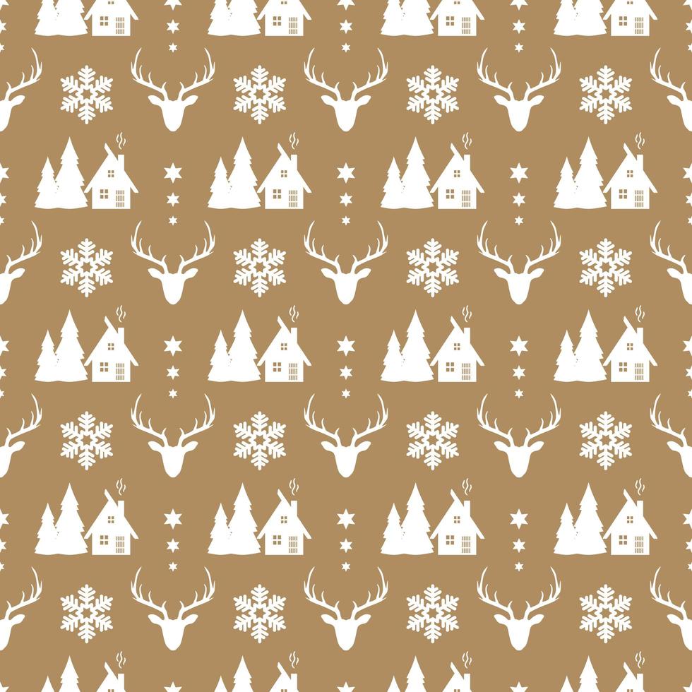 Christmas seamless pattern with deer, snowflake and wood house. vector