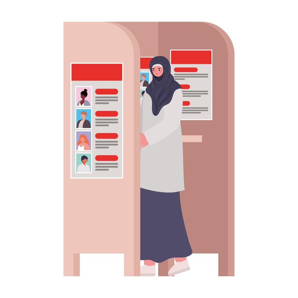 Mujer votando en hijab en la cabina de votación vector