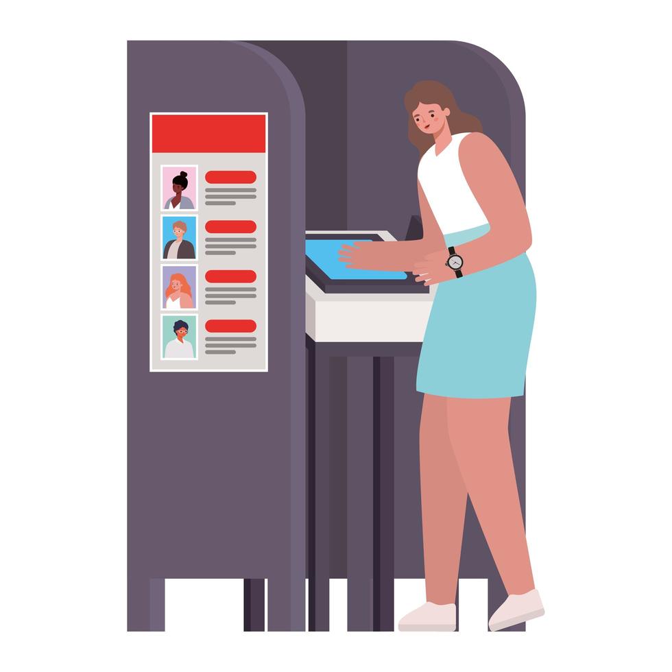 Woman voting with brown hair voting booth vector