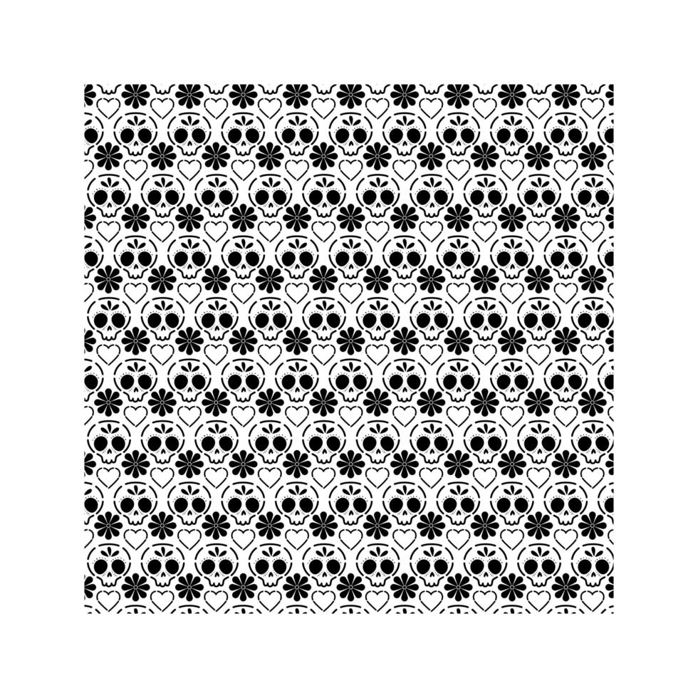 Mexican skull, heart and flower icons pattern vector