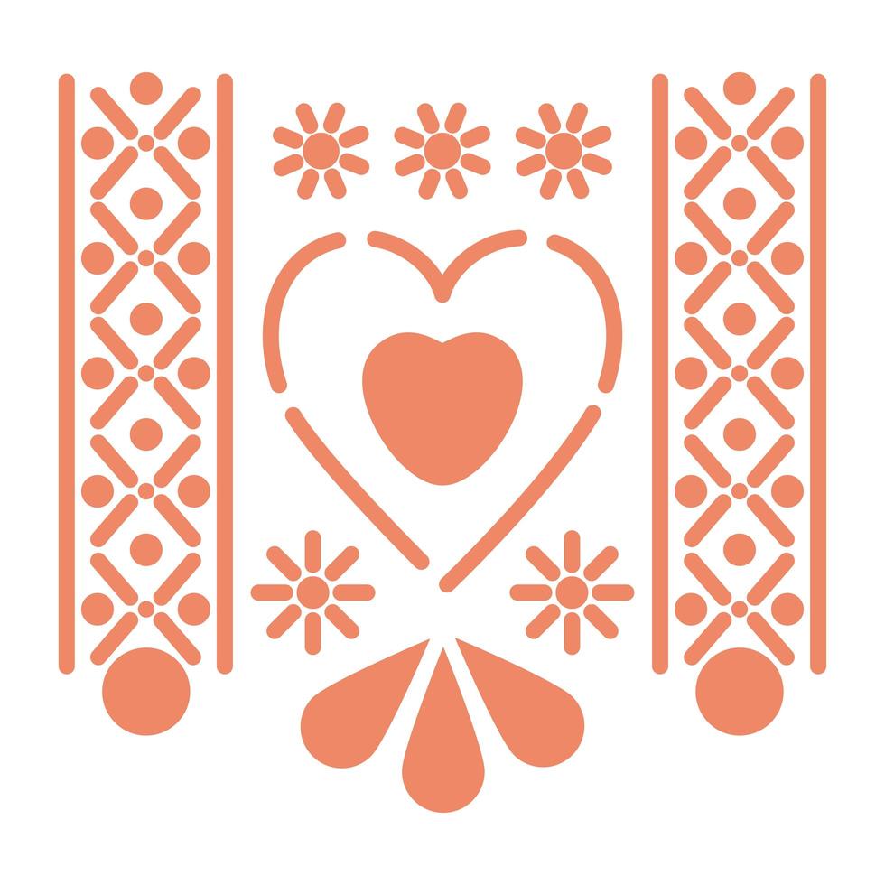 Mexican salmon color heart icon with small suns vector