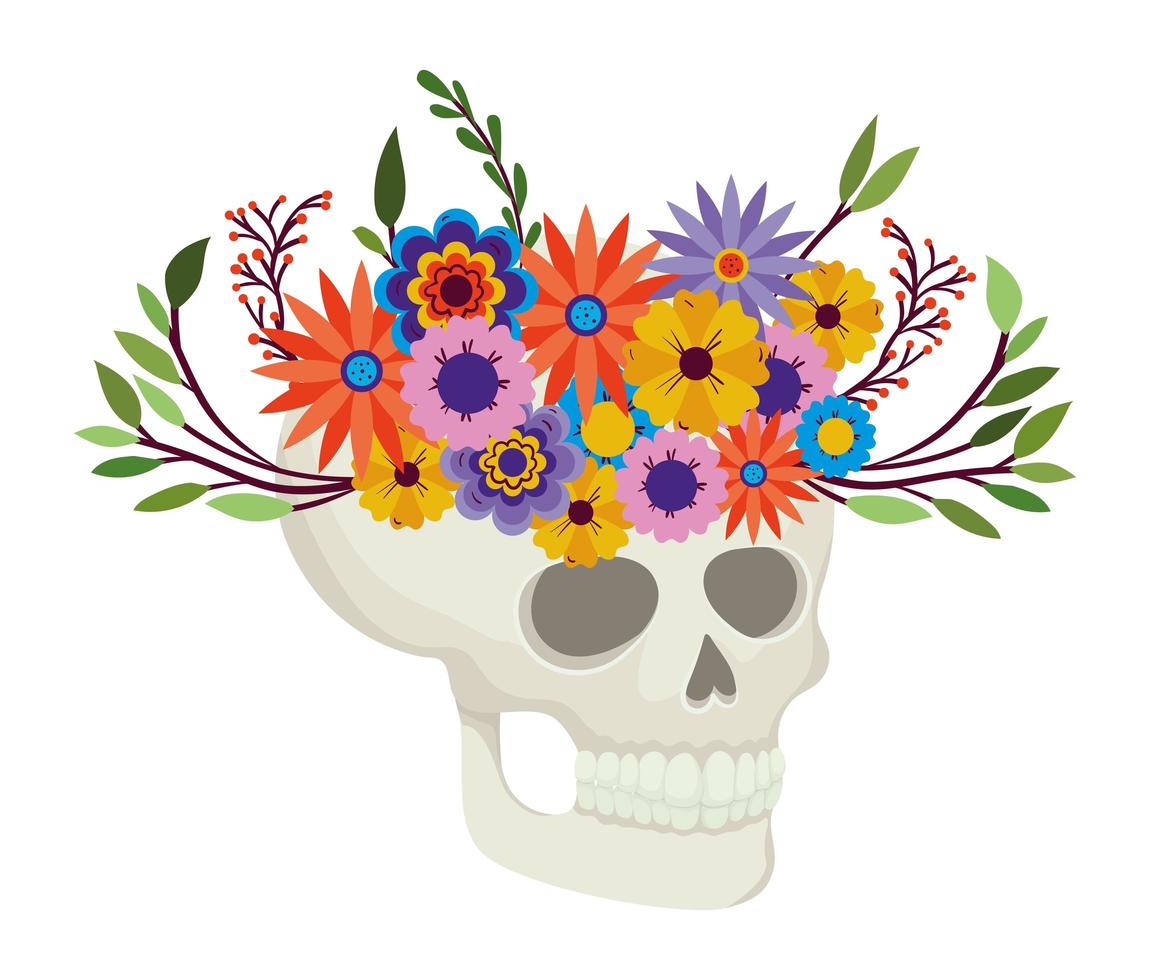 Skull with flowers icon on white background vector
