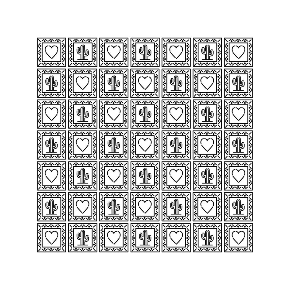 Mexican heart and cactus icons pattern vector