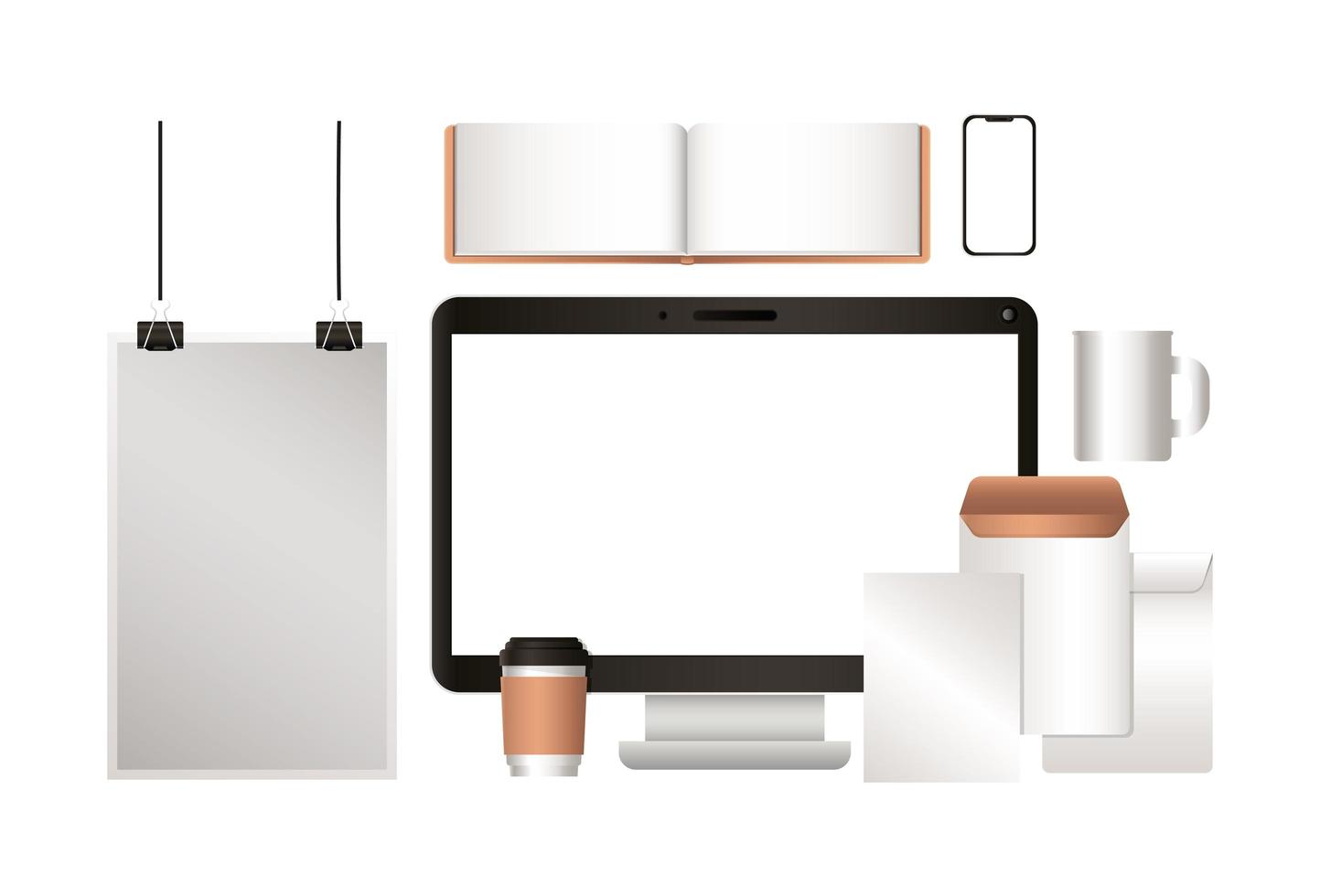 Mockup computer notebook envelopes and coffee mugs design vector