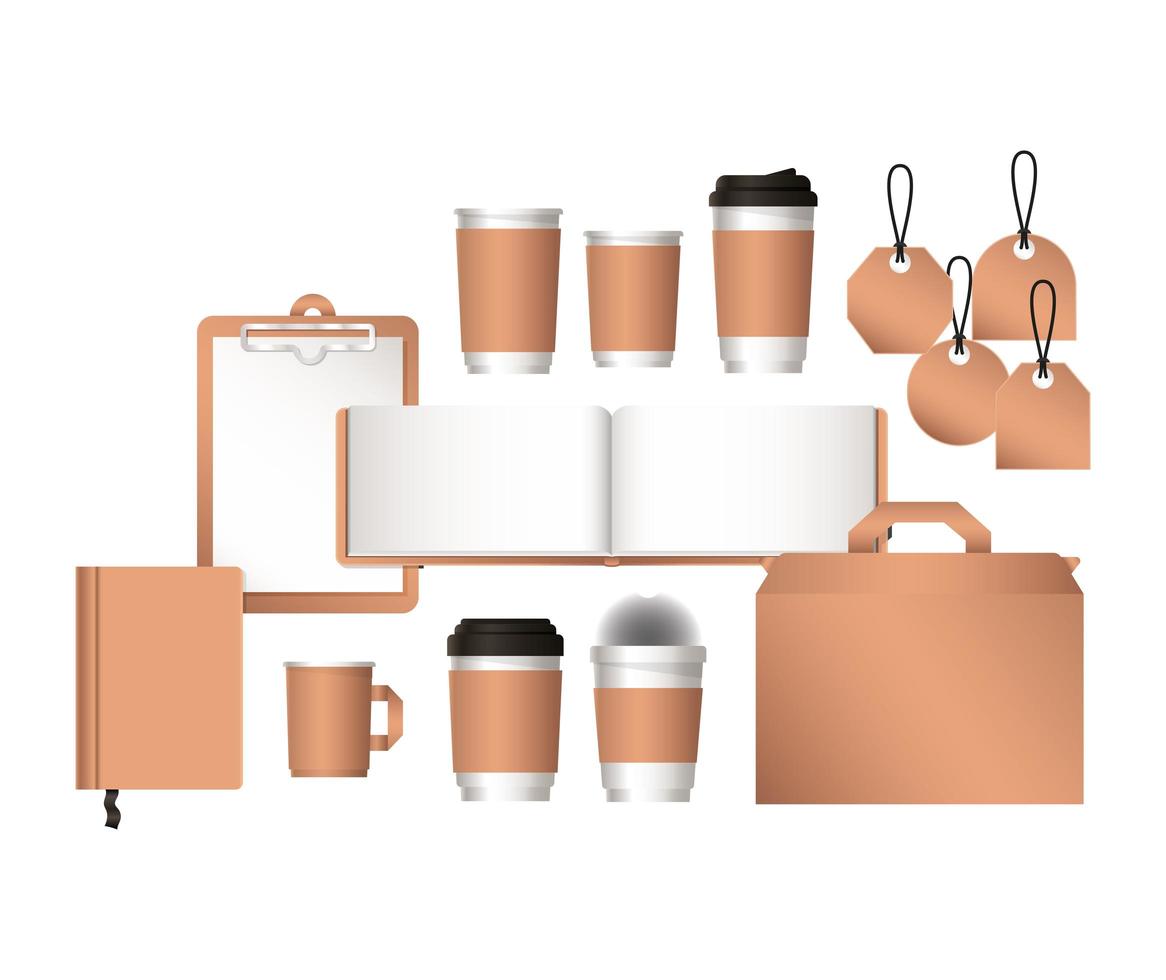 Diseño de bolsas de maquetas aisladas y tazas de café. vector