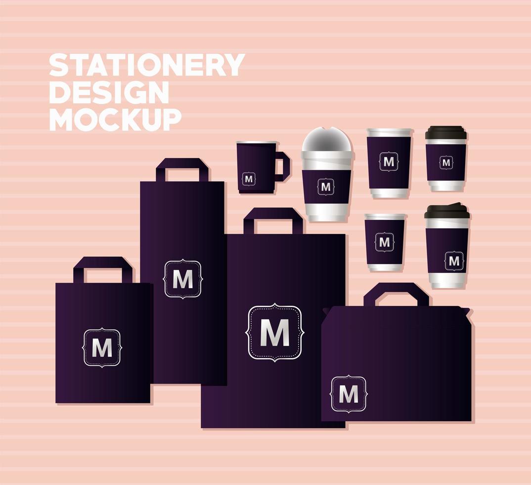 Bags and mugs mockup set with dark purple vector