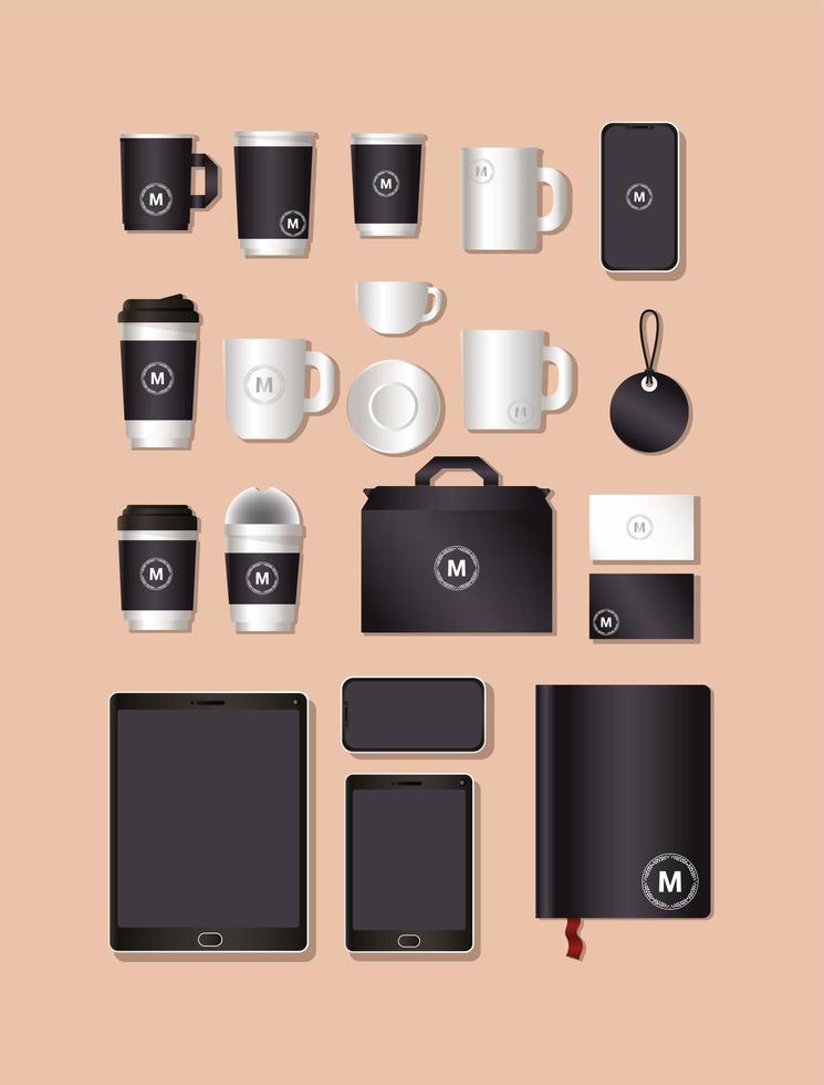 Mockup set with black branding design vector