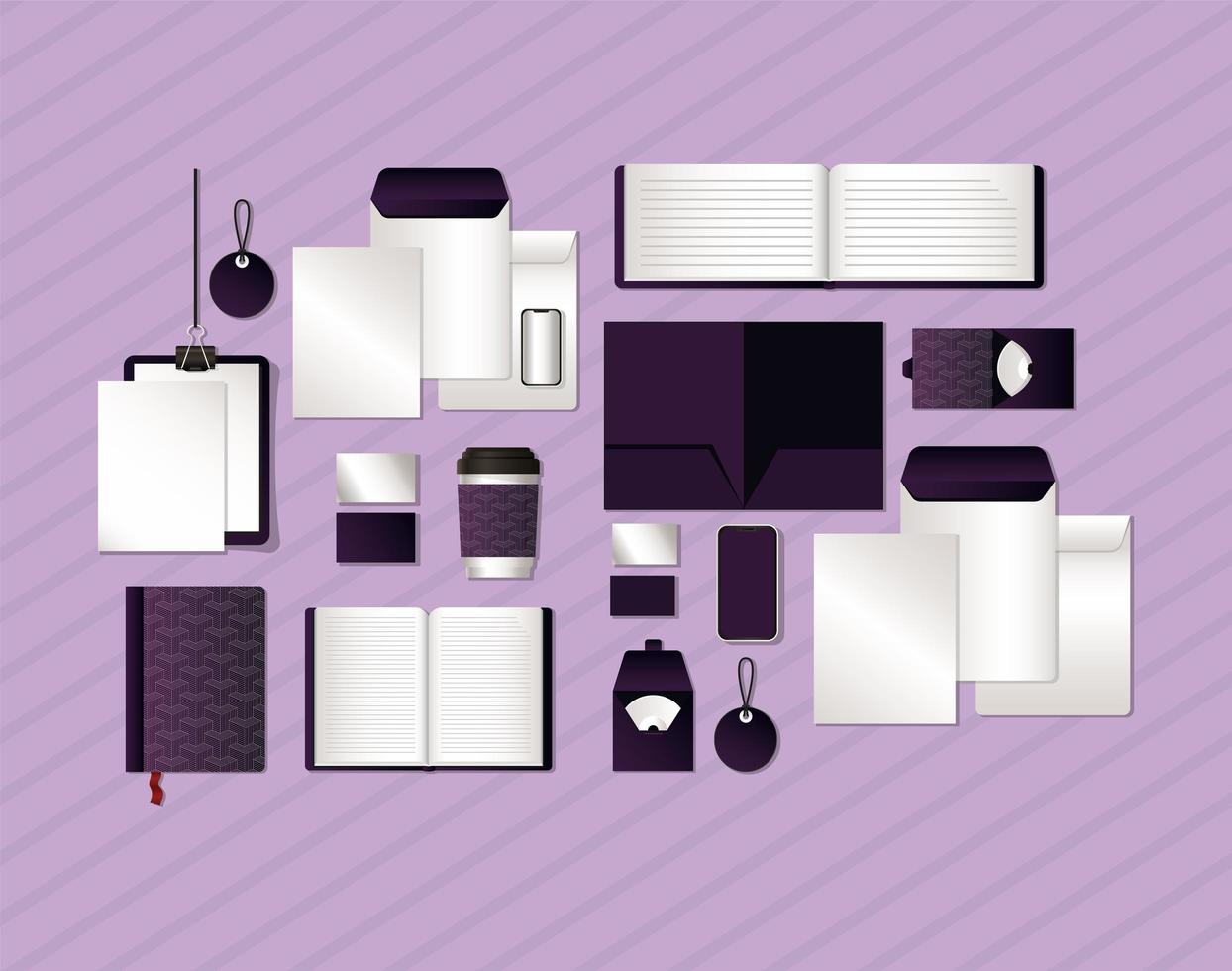 Mockup set with dark purple branding designs vector