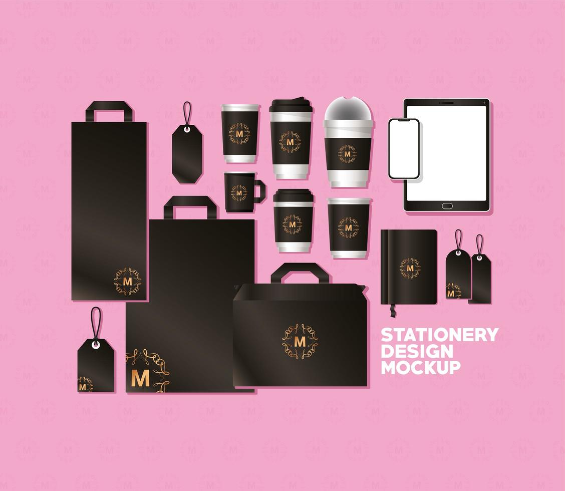 Bags and mugs mockup set with dark brown branding vector