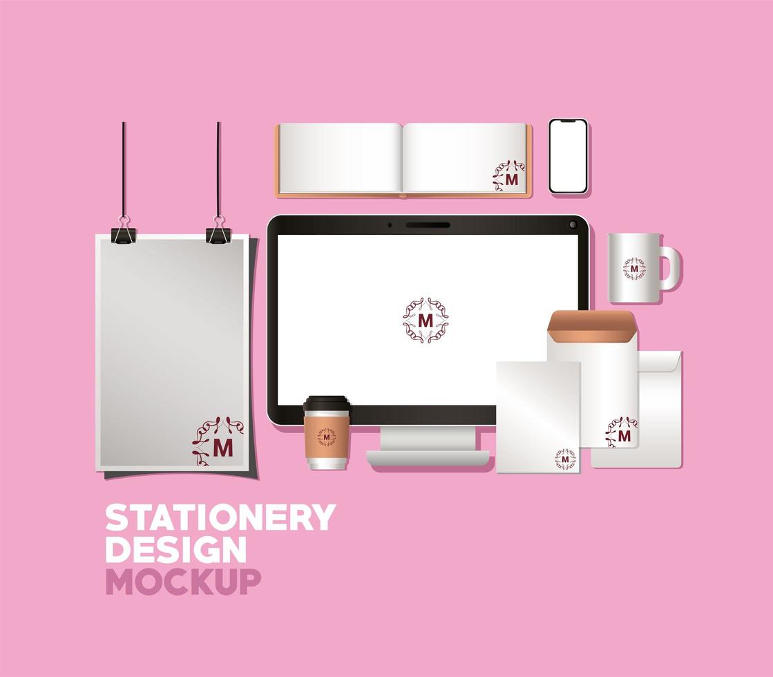 Computer and branding mockup set design vector