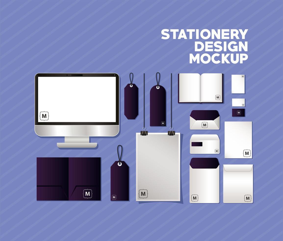 Mockup set with dark purple branding designs vector